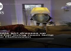 Little girl dresses up as her living room lamp for Halloween